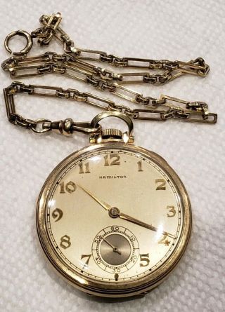 Vintage 17 Jewels 917 Hamilton 14k Gold Filled Pocket Watch Snowwis Chain X65396