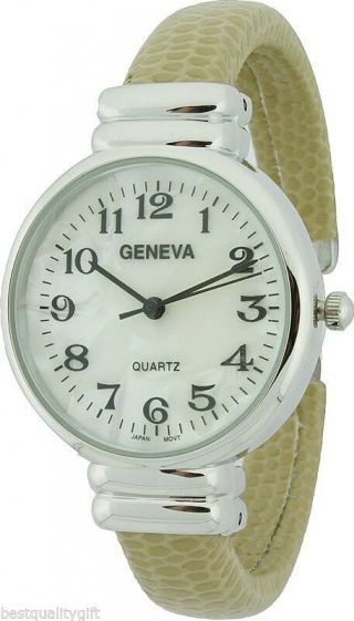 Geneva Beige,  Silver Metal Wrapped Leatherette Bangle Cuff Mop Dial Watch -