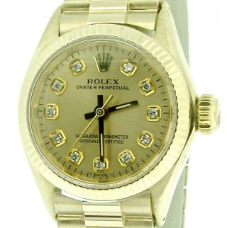 Ladies Rolex Solid 14k Yellow Gold Oyster Perpetual No - Date Watch Diamond 6719