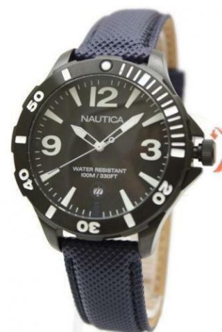 Nautica Steel Black Navy Blue Leather Date Men Dress Watch 45mm N13025g $130