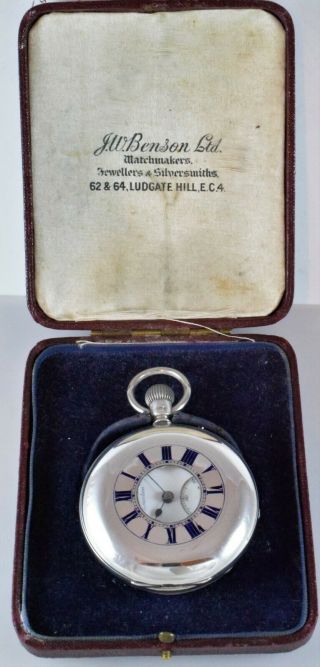 Antique Sterling Silver Half Hunter J.  W.  Benson London Pocket Watch & Box C.  1898