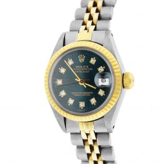 Ladies Rolex Datejust 6916 Green Diamond 26mm Two - Tone Gold Steel Jubilee Watch