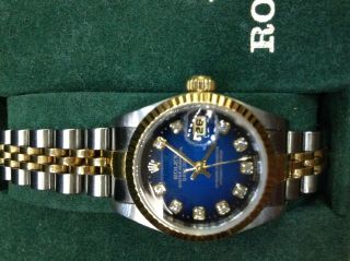 Rolex Watch Diamond And Blue Face Oyster Perpetual Date Just 69173
