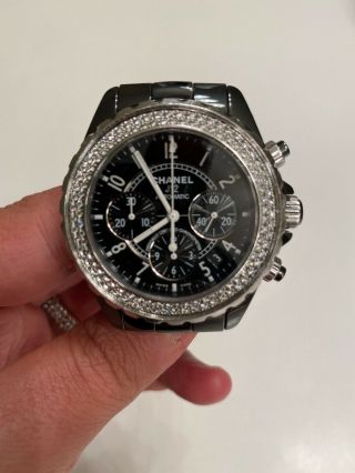 Chanel J12 Black Ceramic Chronograph Diamond Bezel Watch 41mm