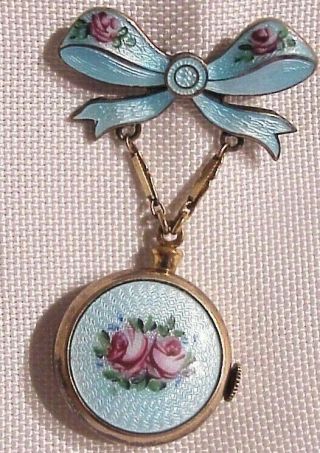 Vintage Swiss Emerson Guilloche Enamel Sterling Silver Ladies 7j Lapel Pin Watch