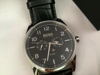 Boss HUGO Heritage Moon phase Men ' s Watch Black Leather Strap Dial 43mm 1513467 5