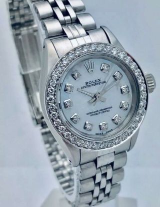 Rolex Oyster Perpetual Ss White Mother Of Pearl Diamond 24mm Ladies Watch