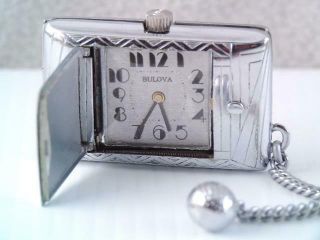 Vintage Art Deco Bulova Pocket Watch Mechanical 17j Wind Up Chrome Fold Out Case