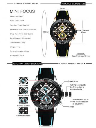 MINI FOCUS Men ' s Multifunction Luminous Military Waches Waterpoof Quartz Watches 8