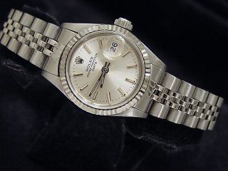 Rolex Date Lady Stainless Steel Watch 18k White Gold Bezel Jubilee Silver 69174