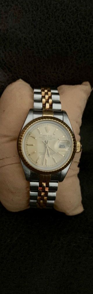 Rolex Oyster Perpetual Tapestry Dial Two Tone 18k Gold 26mm Ladies