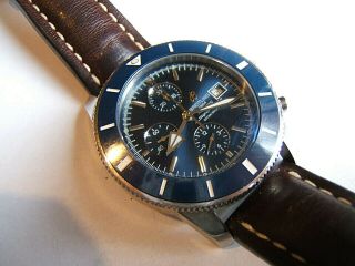 Mens Breitling Superocean Automatic Chronograph Blue Dial 46mm Brown Leather Vgc