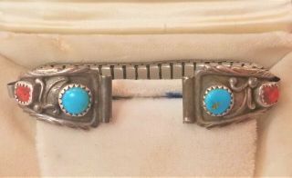 Vintage Signed Rb Native American Sterling Silver Turquoise Coral Watchband