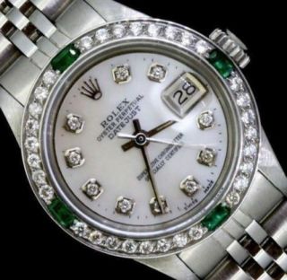 Rolex Ladies Datejust Watch Oyster Stainless Jubilee Diamond Emerald Bezel Dial
