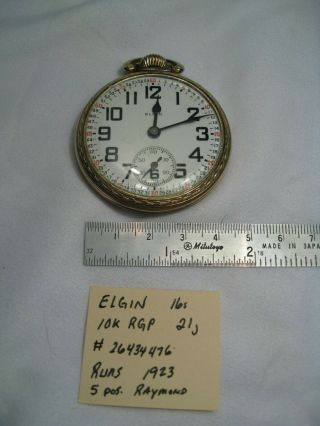 1923 ELGIN 10k Rolled Gold Fill Pocket Watch,  21j,  16s.  Adj.  5 pos.  RAYMOND.  RUNS 4