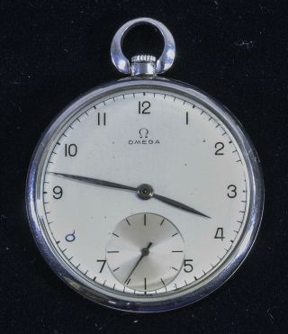 Mens Vintage Omega Open Face Pocket Watch 17j,  Size 10,  Steel Case Art Deco