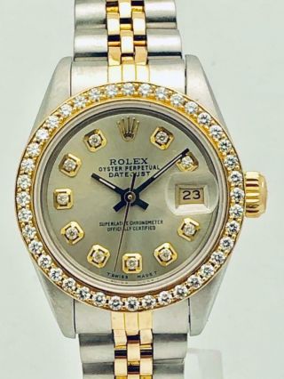 Rolex Datejust Ss & 18k Gold Ladies 26mm Diamond Bezel & Silver Diamond Dial