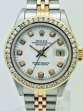 Estate Rolex Datejust 18k Gold & Ss Ladies 26mm Diamond Bezel & Dia White Dial