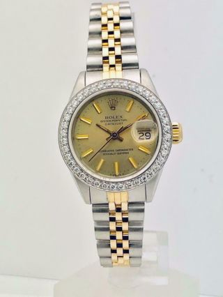 Estate Rolex Datejust Ss & 14k Gold 26mm Diamond Bezel Gold Dial Ladies Watch