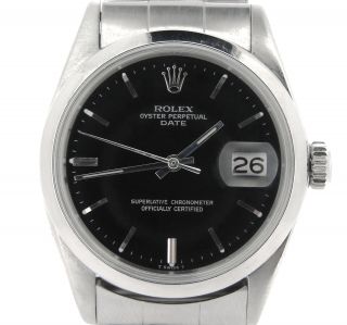 Mens Rolex Date Stainless Steel Watch Vintage Oyster Rivet Band Black Dial 1500