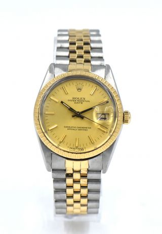 Vintage Rolex Oyster Perpetual Date 15053 Gold Dial 18k Stainless Two Tone 1986