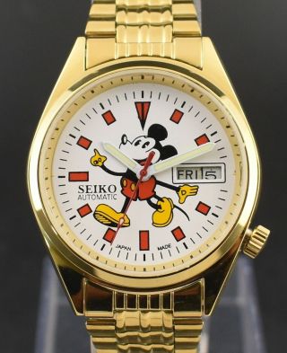 Vintage Seiko Automatic 17 Jewel Mickey Mouse Gold Plated Day Date Men Watch