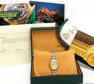 Ladies Rolex Datejust 69173 18k Gold Ss Diamond Bezel Watch Box Paper Booklets