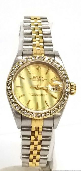 Ladies Rolex Datejust 69173 18k Gold SS Diamond Bezel Watch Box Paper Booklets 3