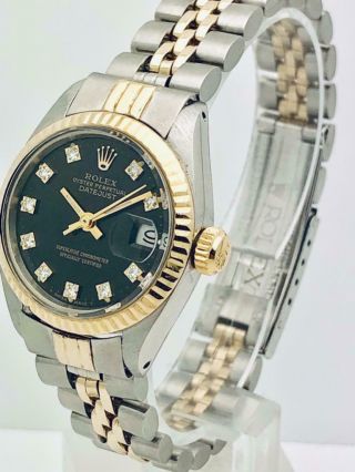 Estate Rolex Datejust Ss & 14k Gold 26mm Ladies Watch W/ Black Diamond Dial