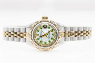 $12,  000 Emerald Diamond Mop Rolex Datejust Lades 18k Gold Ss Qs Watch Box & Wty