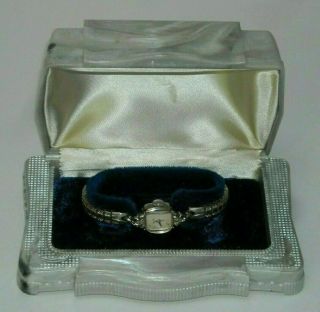 Vintage 10k White Gold W/diamonds Elgin 19 Wristwatch Spidel Band Box