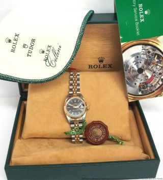 Minty Rolex Datejust 69173 18k Gold Ss Ladies Black Dial Watch W Box Stickers