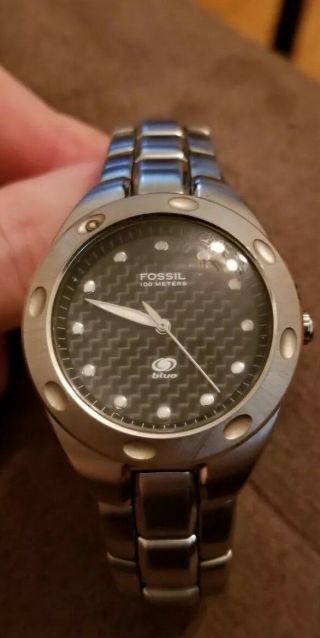 Fossil Blue Mens Watch Silver Case Silver Band Blue Face Waterproof