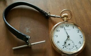 Antique Craftsman By Cyma Gold Plated Open Face Pocket Watch & Leather Albert