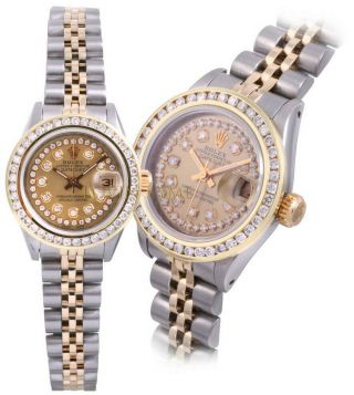 Rolex Ladies Tt Datejust - Champagne String Diamond Dial - Diamond Bezel - 69173