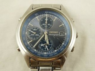 Seiko 7t32 - 7c60 Alarm Chronograph Blue S.  Steel Japan Mens Quartz Date Watch