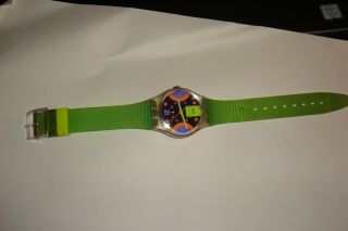 Vintage Silver Neon Org.  Purp.  Dial Lime Green Band Swatch Watch - Battery