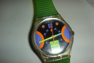 Vintage Silver Neon Org.  Purp.  Dial Lime Green Band Swatch Watch - Battery 2