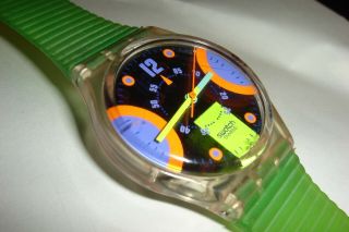 Vintage Silver Neon Org.  Purp.  Dial Lime Green Band Swatch Watch - Battery 3