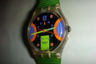 Vintage Silver Neon Org.  Purp.  Dial Lime Green Band Swatch Watch - Battery 4