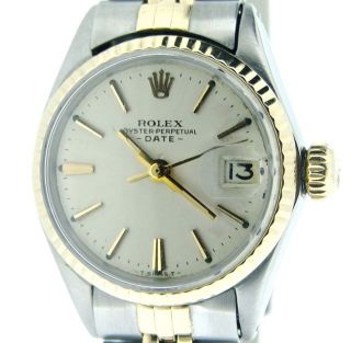 Vintage Rolex Date Ladies 2tone 14k Yellow Gold & Steel Watch Silver Dial 6517
