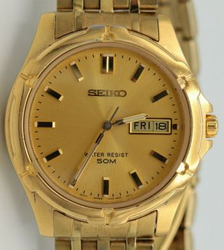 Mens Seiko V743 - 8b39 113767 Day Date Calendar Wrist Watch Gold Plated 37mm