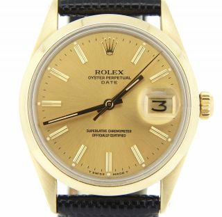 Rolex Date 15505 Mens 14k Yellow Gold Shell Watch Champagne Dial Quickset Black
