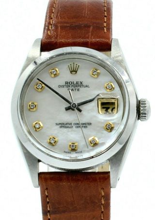 Mens Rolex Oyster Perpetual Date 34mm White Mop Dial Diamond Watch