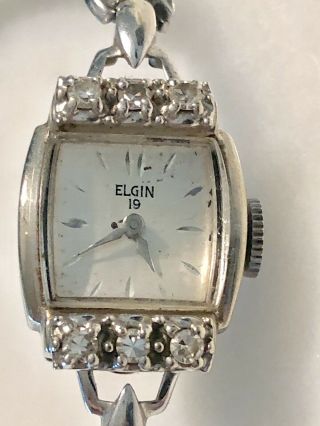 Vintage Lady Elgin (19 Jewels) 14k White Gold & Diamond Wristwatch Running