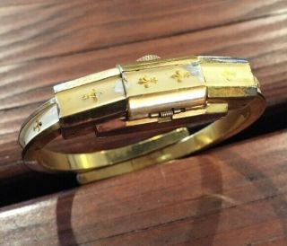 Nastrix Gold Filled & Enamel Ladies Flip Top Bracelet Watch Fleur De Lis