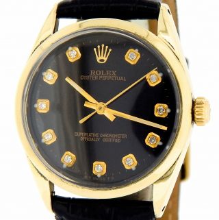 Rolex Oyster Perpetual No - Date Mens 14k Gold Shell Watch Black Diamond Dial 1024