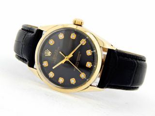 Rolex Oyster Perpetual No - Date Mens 14K Gold Shell Watch Black Diamond Dial 1024 3