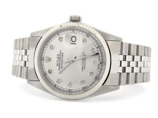Rolex Datejust Mens Steel Watch 18k White Gold Bezel Silver Diamond Dial 1601