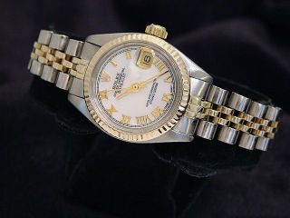 Rolex Datejust Ladies 2tone 14k Gold Stainless Steel Watch White Mop Roman 6917
